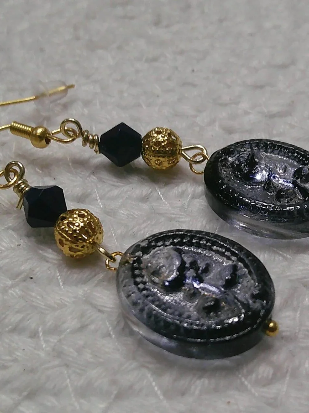 Beautiful NAVY GLASS OVAL with GOLD FILIGREE & CRYSTAL Handmade Earrings #948E